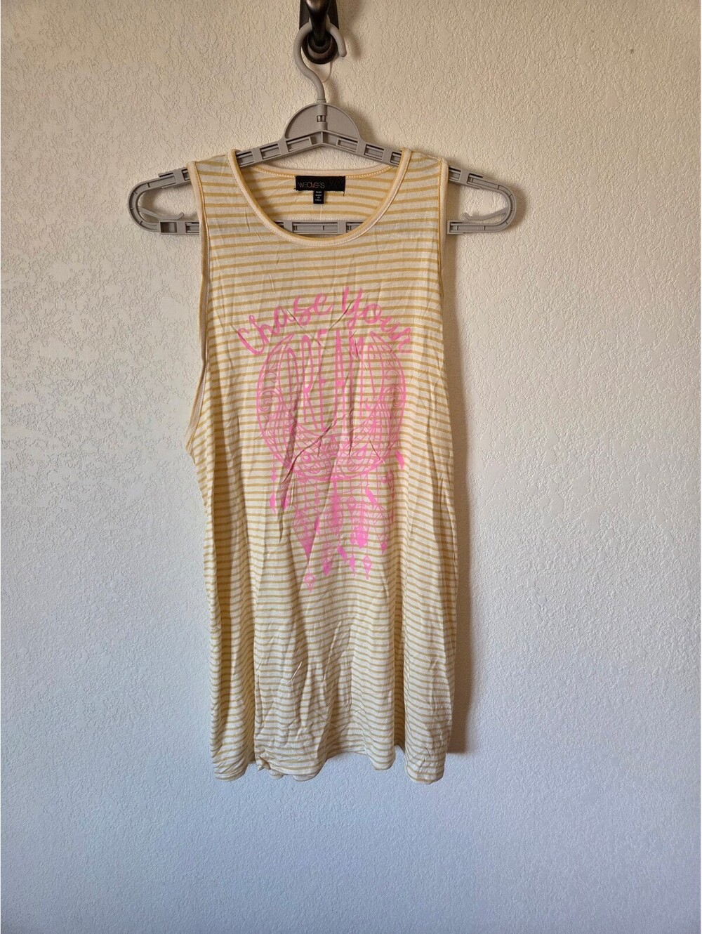 Weavers Yellow and White Striped Sleeveless Tank Top with Pink Graphic